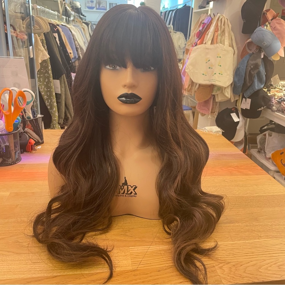 Human hair blend brown blonde highlights wig with bang
